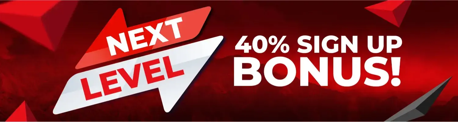 ApexGaming88 next level 40% sign up bonus promotion banner with bold red and white arrow design for new player registration rewards