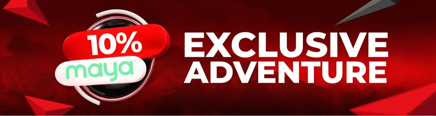 ApexGaming88 10% Maya exclusive adventure promotion banner with red geometric design offering special bonus for Maya payment method users
