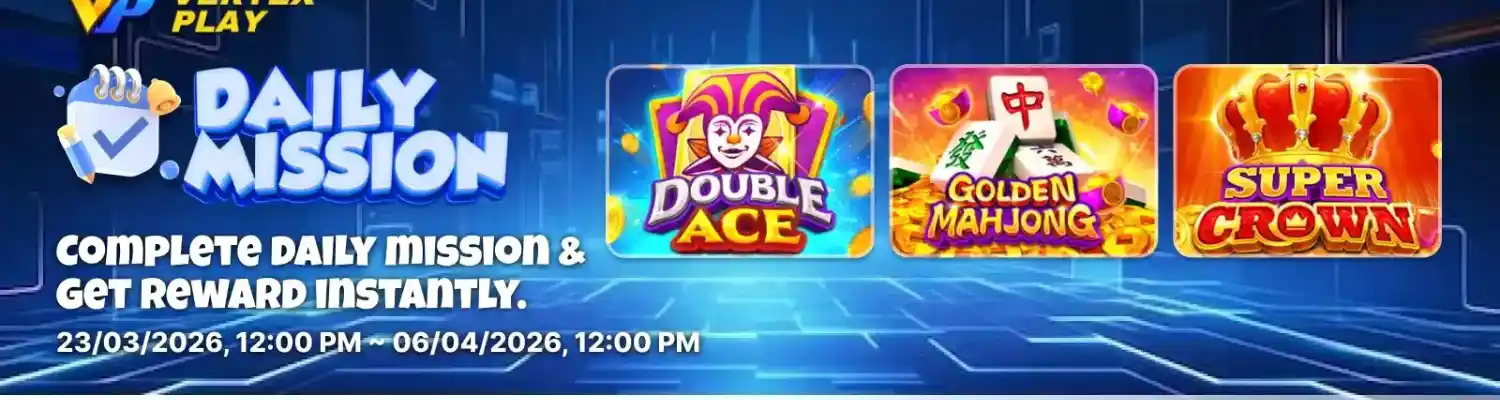 ApexGaming88 daily mission promotion featuring Double Ace, Golden Mahjong and Super Crown slot games with instant reward system from March 23 to April 6 2026