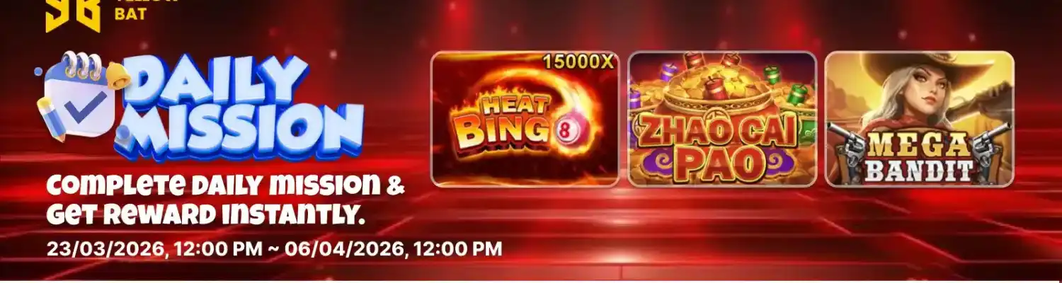 ApexGaming88 daily mission promotion featuring Meat Bing 15000x multiplier, Zhao Cai Pao and Mega Bandit slot games with instant rewards from March 23 to April 6 2026