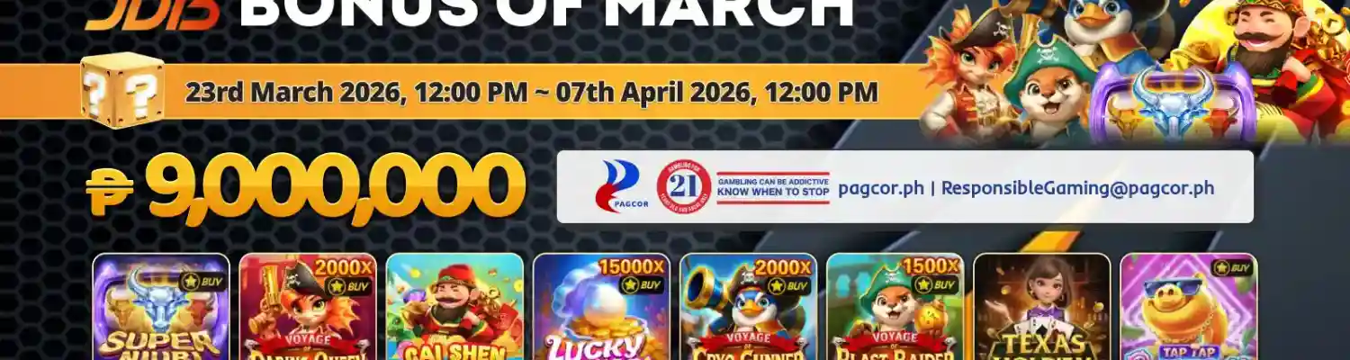 ApexGaming88 JDB Bonus of March promotion with ₱9,000,000 prize pool featuring Super Ace, Voyage, Gaushen, Lucky Coming, Texas Hold'em and more games from March 23 to April 7 2026