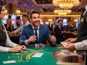 Players enjoying the energetic and thrilling atmosphere at 747 Online Casino, surrounded by vibrant lights and excitement.