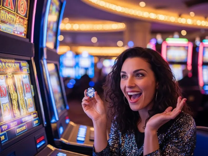 A player at 747 Online Casino enjoying free spins on their favorite slot game with excitement and focus.