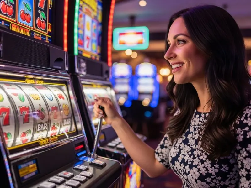 777 pub online casino lady smiling while spinning slot reels enjoying a thrilling slot game experience