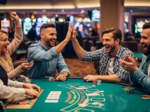 777 pub online casino man high fiving friends after winning in blackjack celebrating a big victory
