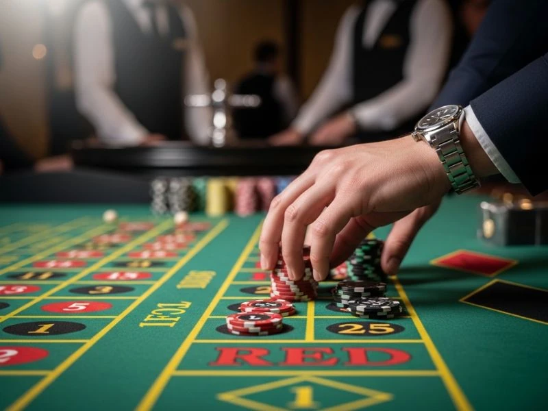 777 pub online casino player placing bet on red at roulette experiencing the thrill of the game