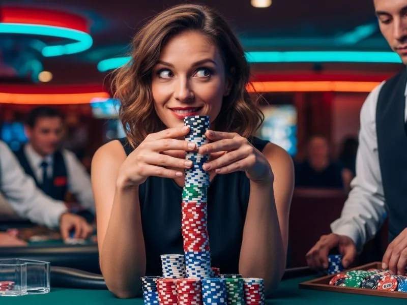 777 pub online casino woman holding a stack of casino chips celebrating a big win