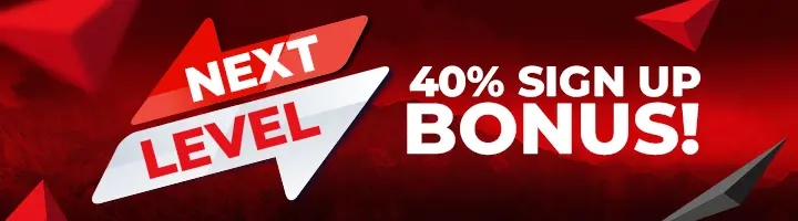 Apex Gaming promotions banner showing next level 40 percent sign up bonus for new players.