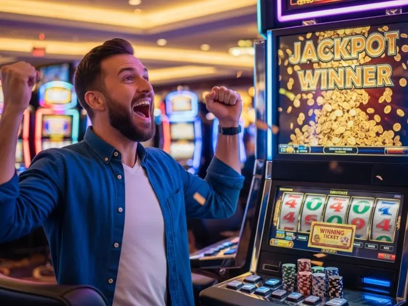 Man raising his hand in excitement after winning a slot jackpot at Amex Casino Online