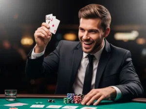 Player smiling while flipping poker cards at Amex Casino Online