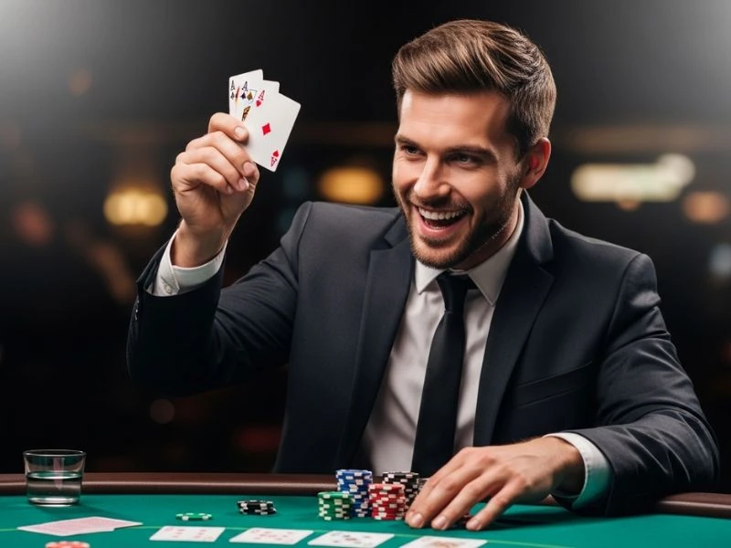 Player smiling while flipping poker cards at Amex Casino Online