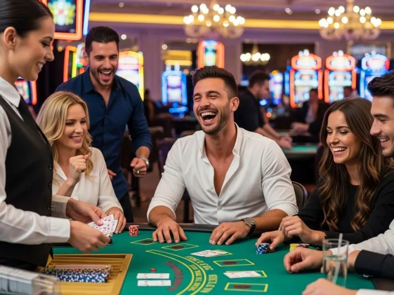 A group of friends at CGEBet Online Casino login gathered around a blackjack table, enjoying the game together.