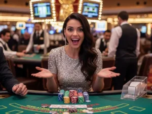 A poker player at CGEBet Online Casino login going all-in with confidence, focused on winning the hand.