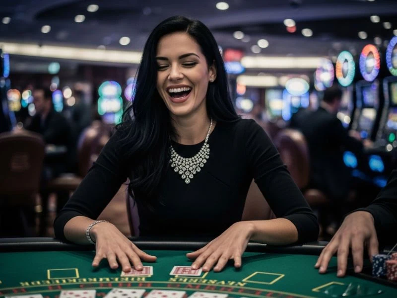 A woman at CGEBet Online Casino login confidently going all-in at a poker table, focused and determined.