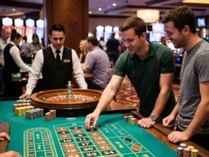 Man placing a bet on a number at a roulette wheel during gameplay at extreme online casino