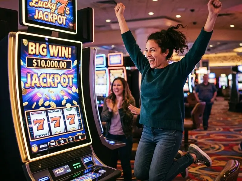 Woman jumping with joy after winning on a slot machine at extreme online casino