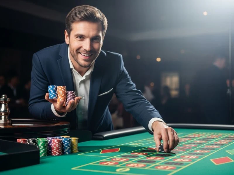 legit online casinos buddy holding chips ready to bet on roulette preparing for an exciting spin