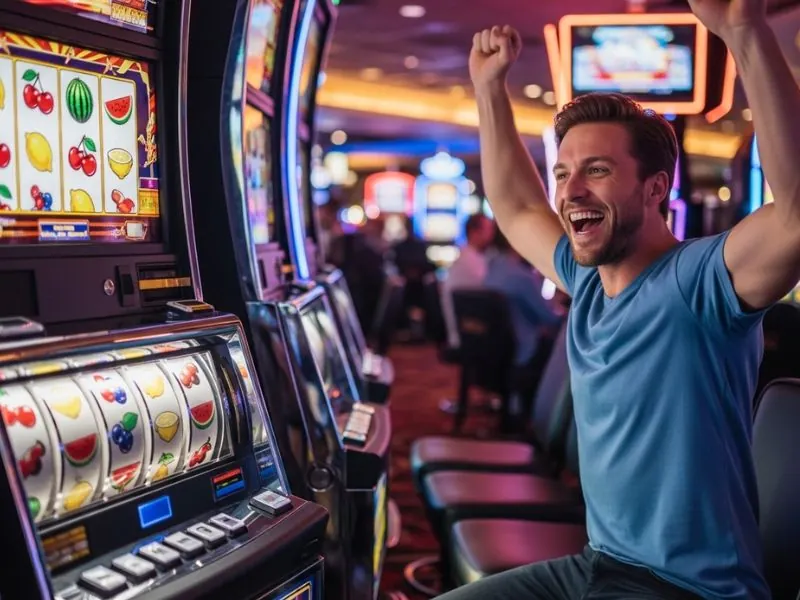legit online casinos friend cheering while spinning slot machine celebrating a big win