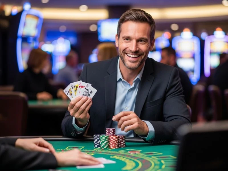 A man at Okada Online Casino smiling while holding playing cards, enjoying a winning moment at the table.