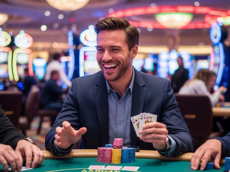 A confident player at Online Casino Free 100 showing a winning hand to friends, celebrating their success together.