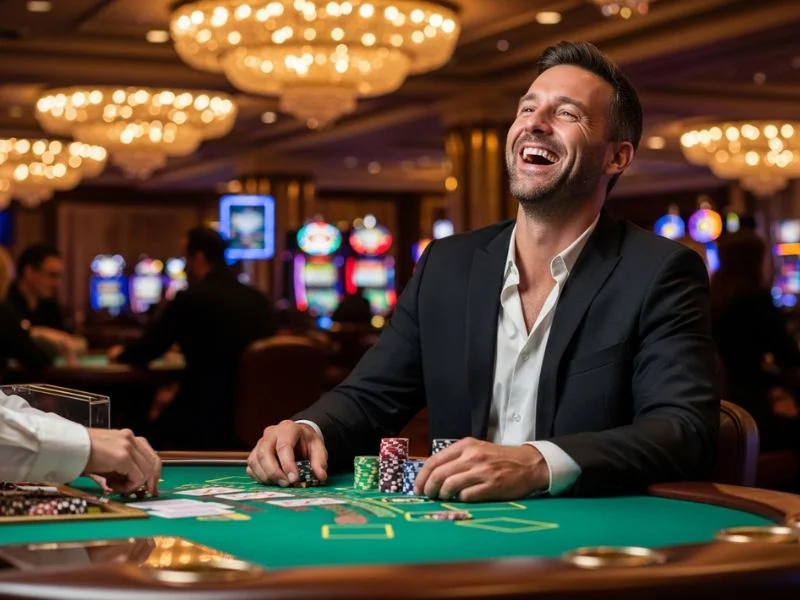 A player at Online Casino Free 100 with a focused face turning to relief after a successful blackjack hand.