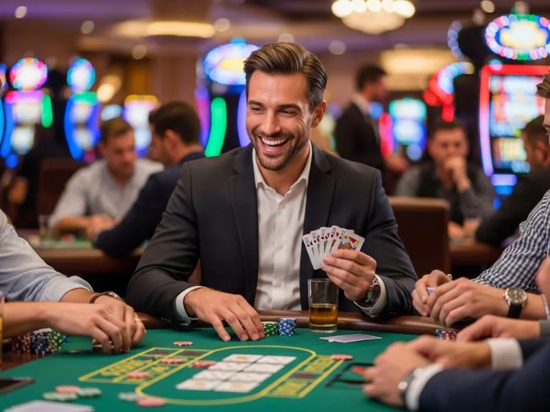 A player at Online Casino Free 100 smiling with confidence after hitting the jackpot, celebrating their big win.