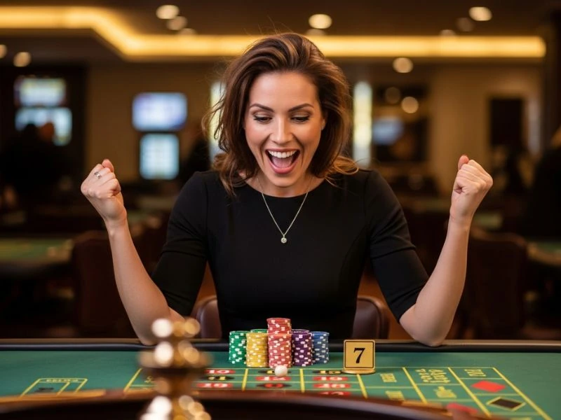 Woman excited after winning on roulette with a free bonus at online casino