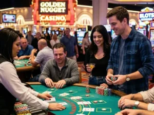 Friend holding casino chips while watching a blackjack game at a pcso online casino, showing excitement and focus during live gameplay
