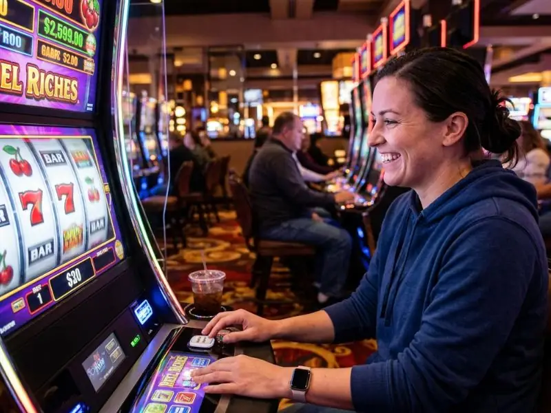 Player smiling while watching spinning slot machine reels during gameplay at a pcso online casino on a bright digital screen