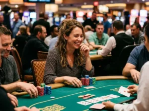 A pretty woman joyfully watching a poker hand unfold at popular online casinos