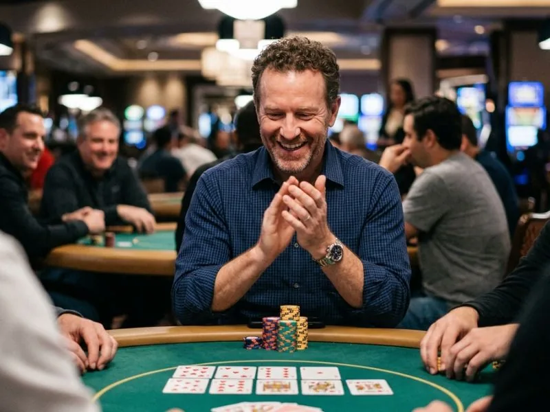 Man clapping in excitement after hitting a poker flush while playing at resorts world online casino