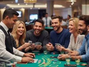 Group laughing while playing blackjack together at Solaire Online Casino