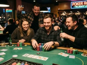 Buddy counting casino chips after a poker victory at zone online casino, smiling with excitement
