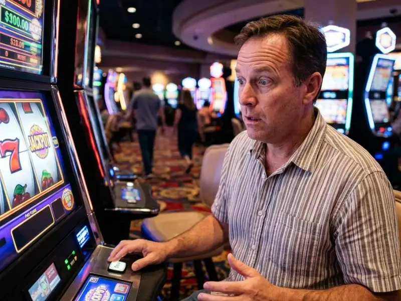 Man raising his eyebrows in surprise at a near-miss on a slot machine at zone online casino