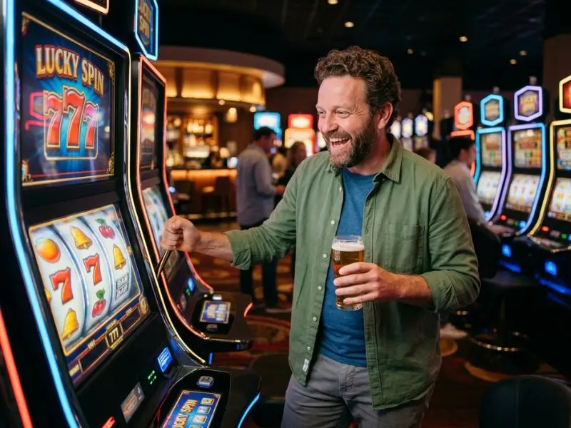 10 best online casinos a happy player enjoys every spin at the casino smiling player enjoying slot spins in online casino interface