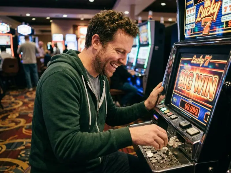 best online casino asia the player smiled as the machine paid out smiling player reacting to slot machine payout in online casino