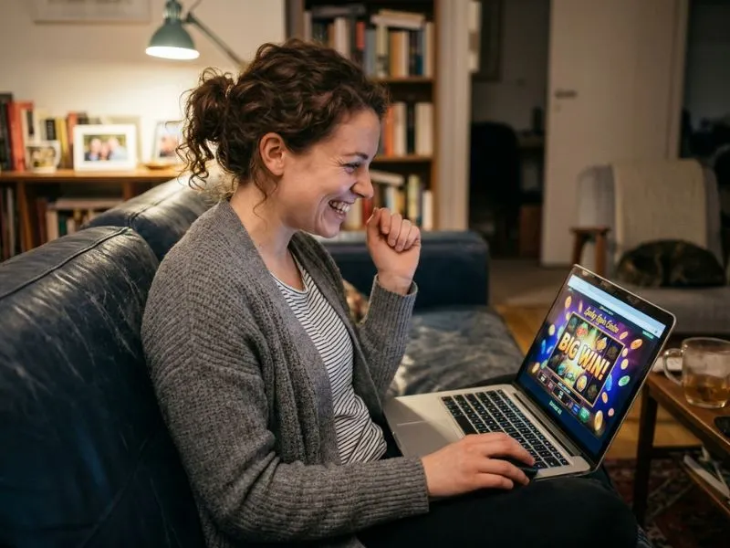 mexican slot game a happy player smiles while playing at the online casino cheerful player enjoying slot gameplay on colorful casino interface