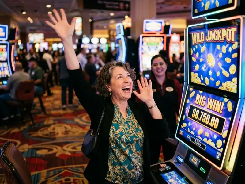 t-rex slot game a happy player keeps playing at the casino with a smile smiling player continuing slot gameplay in dinosaur themed casino game