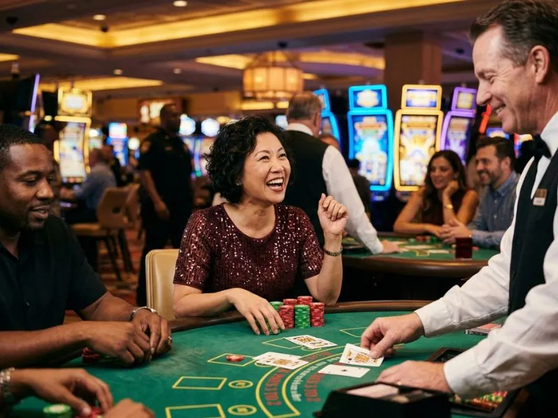 Casino scene showing a player celebrating wins at gaming tables and slots 747-9.com casino the player enjoyed the thrill of winning