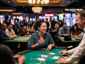 Casino gaming scene with a player reacting to results at tables and slots 747-9.com casino they felt excited with every result