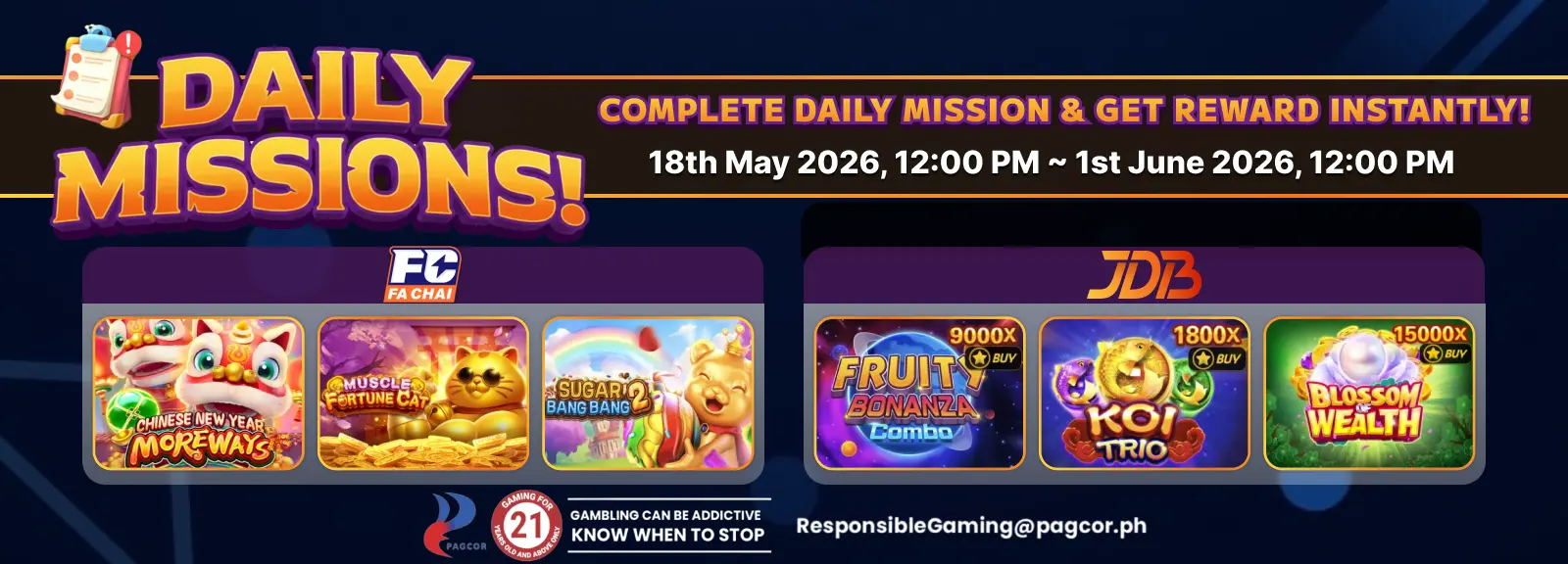 ApexGaming Daily Missions promotional banner featuring Fa Chai and JDB slot games with the event period from May 18, 2026 to June 1, 2026. The banner showcases colorful game thumbnails including Chinese New Year Moreways, Muscle Fortune Cat, Sugar Bang Bang 2, Fruit Bonanza Combo, Koi Trio, and Blossom Wealth, alongside the message “Complete Daily Mission & Get Reward Instantly!”