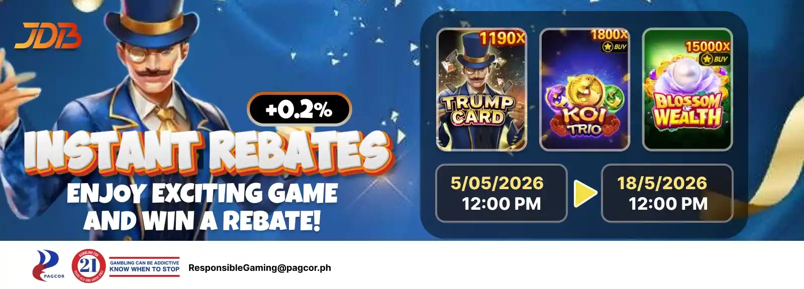 JDB Instant Rebates 0.2% promo featuring Trump Card, Koi Trio, and Blossom of Wealth slot games