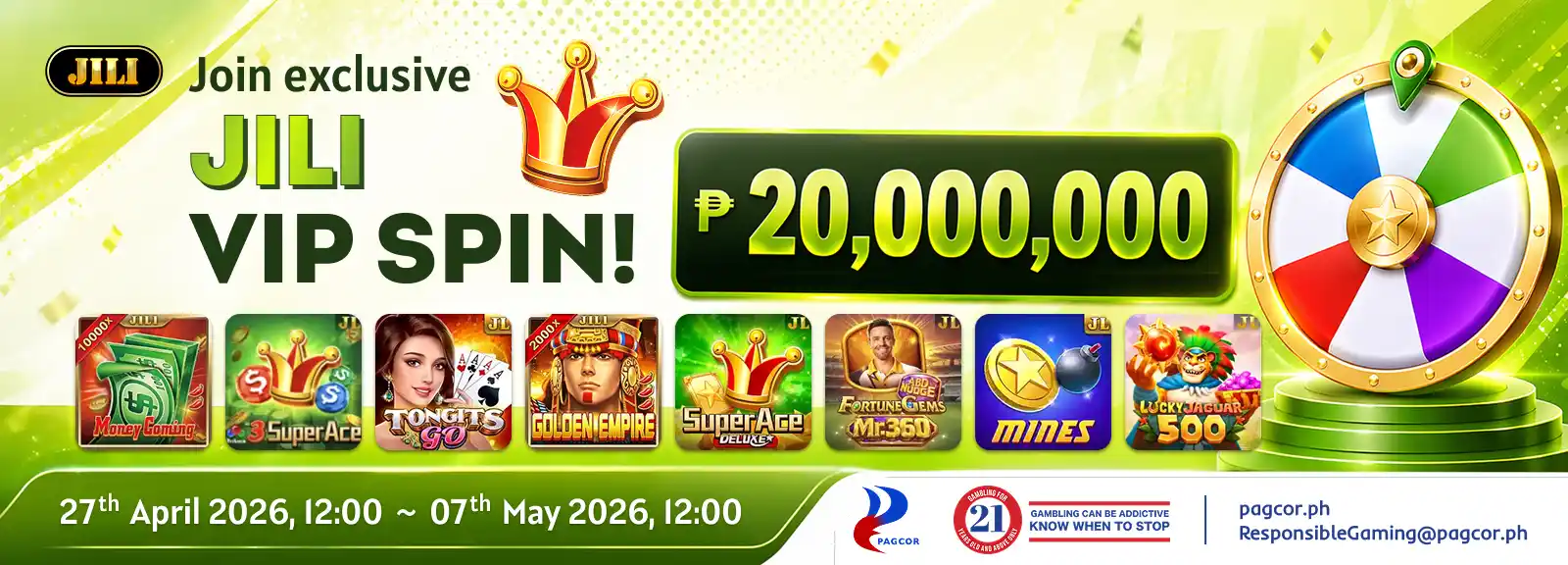 JILI VIP Spin exclusive promo with ₱20,000,000 prize pool featuring Money Coming, Golden Empire, Super Ace Deluxe, Mines, and Lucky Jaguar 500