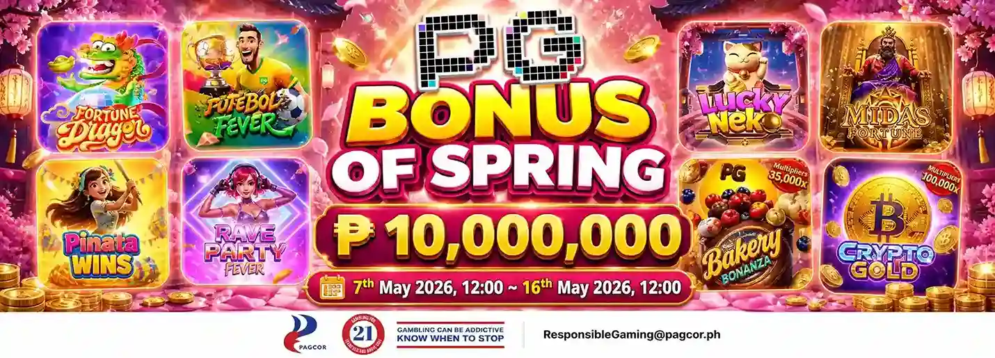 PG Soft Bonus of Spring promo with ₱10,000,000 prize pool featuring Fortune Dragon, Lucky Neko, Bakery Bonanza, and Crypto Gold slot games