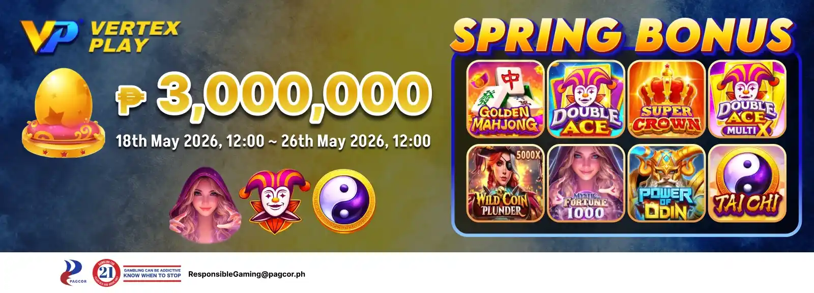ApexGaming Spring Bonus promotional banner featuring Vertex Play with a ₱3,000,000 prize pool running from May 18 to May 26, 2026. The banner showcases popular slot and arcade games including Golden Mahjong, Double Ace, Super Crown, Wild Coin Plunder, Mystic Fortune 1000, Power of Odin, and Tai Chi, with colorful casino-themed graphics and responsible gaming logos.