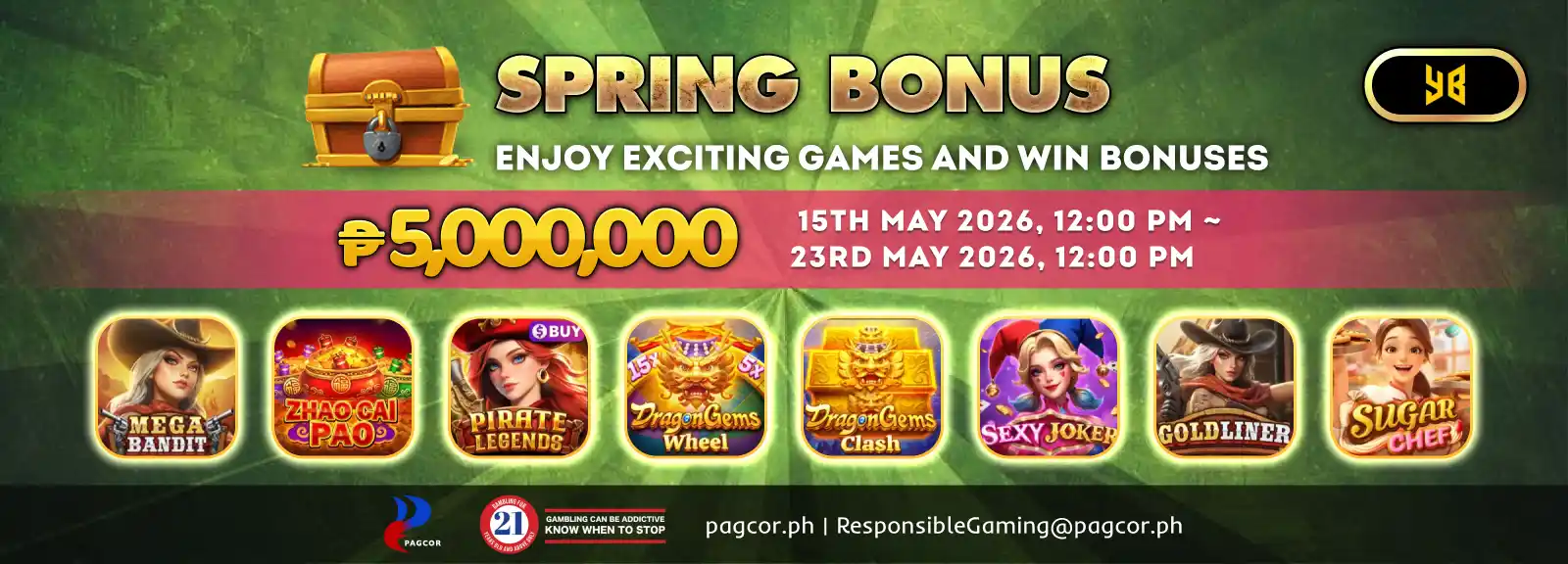 ApexGaming Spring Bonus promotional banner featuring Yellow Bat games with a ₱5,000,000 prize pool running from May 15, 2026, 12:00 PM to May 23, 2026, 12:00 PM. The banner displays colorful slot game icons including Mega Bandit, Zhao Cai Pao, Pirate Legends, Dragon Gems Wheel, Dragon Gems Clash, Sexy Joker, Gold Liner, and Sugar Chef.