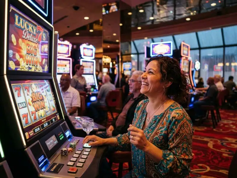 Beautiful woman creating memorable moments in elegant casino setting for 7JL Online Casino