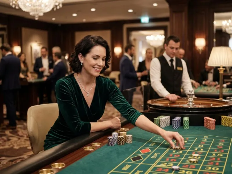 Charming woman immersed in a high-end casino night at an alt online casino
