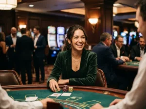 Refined woman relaxing in luxurious casino setting for Apex Online Casino