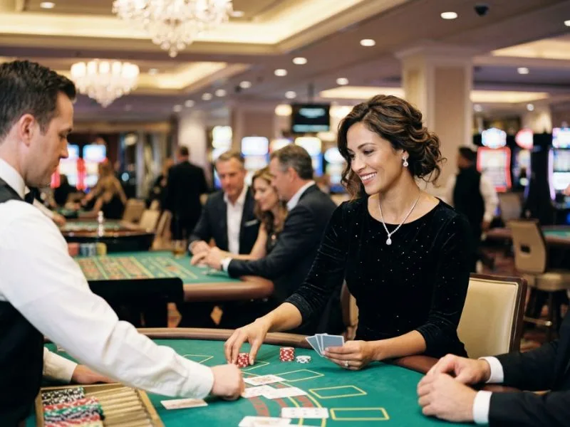 Chic woman enjoying an exciting casino night with a free 100 new register casino offer